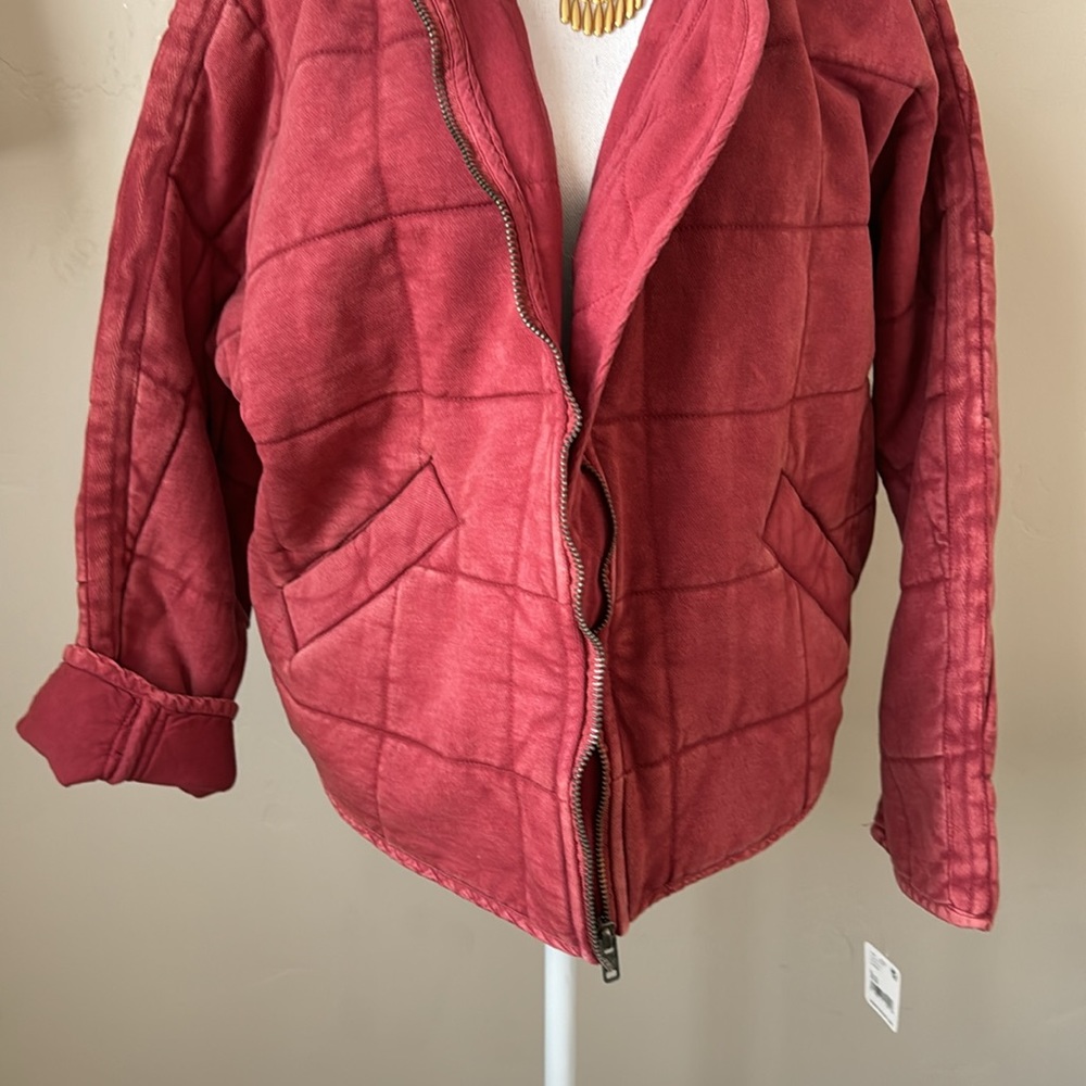 Free People Quilted Bomber Jacket Knitted Dolman Coat Cherry Juice XS - Picture 7 of 16